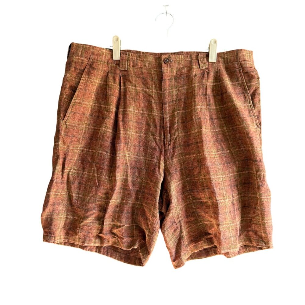 Gitman Bros. 100% Linen Plaid Pleated Front Chino Shorts Men’s Size 38 Orange
